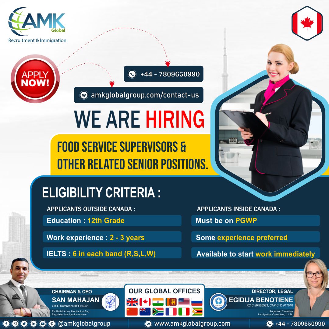 Apply for jobs in canada as food service supervisor