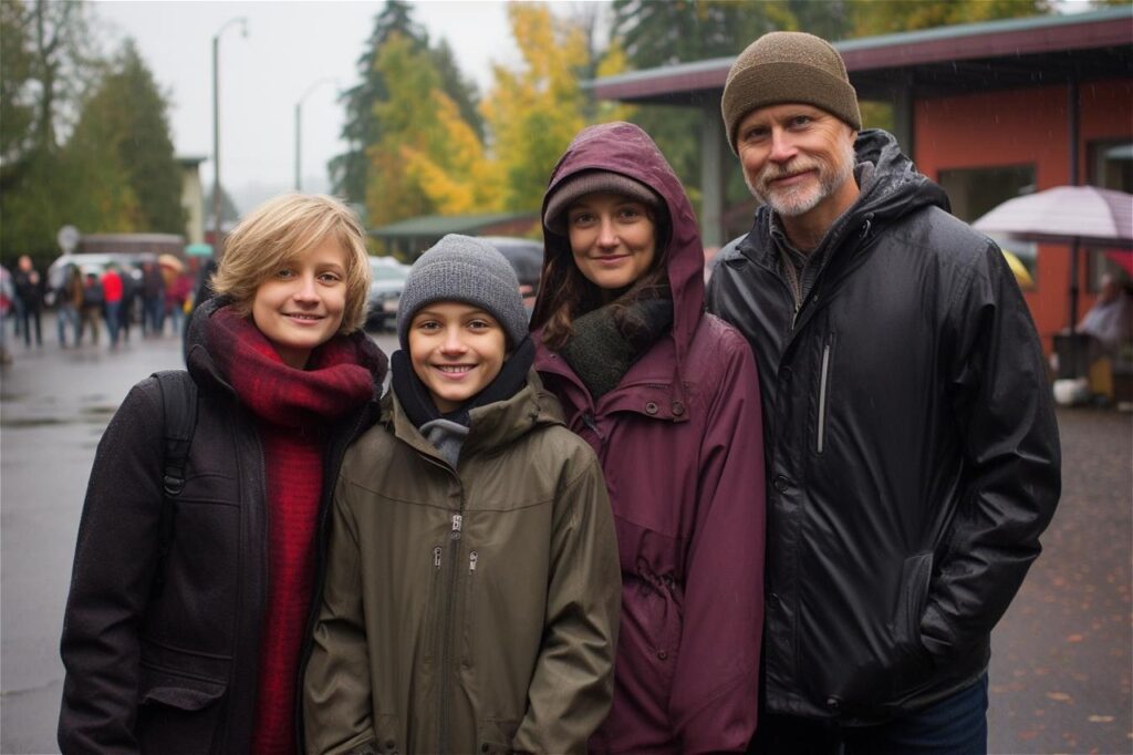 A family of four dressed warmly, standing together outdoors on a rainy day