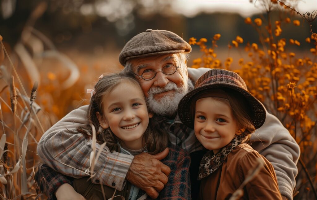 A joyful grandfather embracing his two young granddaughters in a field with autumn colors