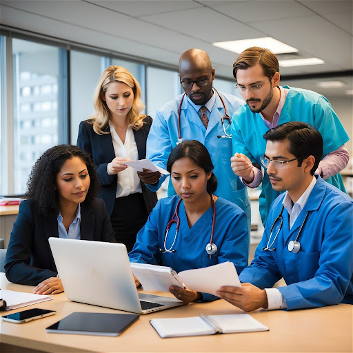 A diverse group of healthcare professionals collaborating around a laptop in a modern office setting.