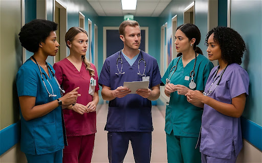 Five healthcare professionals in scrubs discussing in a hospital corridor.