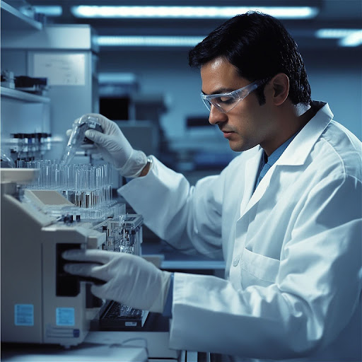 A scientist wearing safety goggles and a lab coat carefully handling test tubes in a laboratory setting